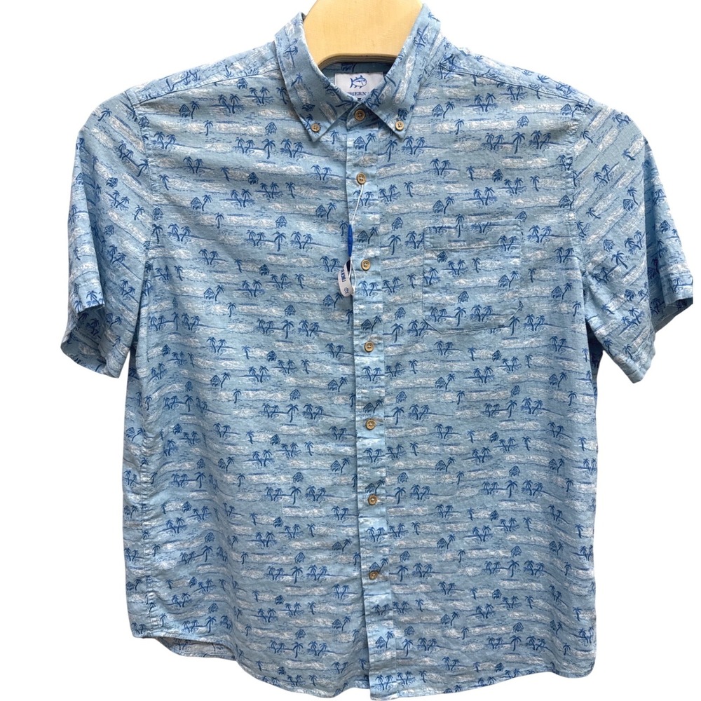 Southern Tide (Blue) Tropical Palm Tree Button Down Linen Blend Shirt Mens XL